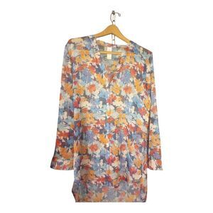 American Beach Sheer Floral Print Button Down Swim Suit Cover